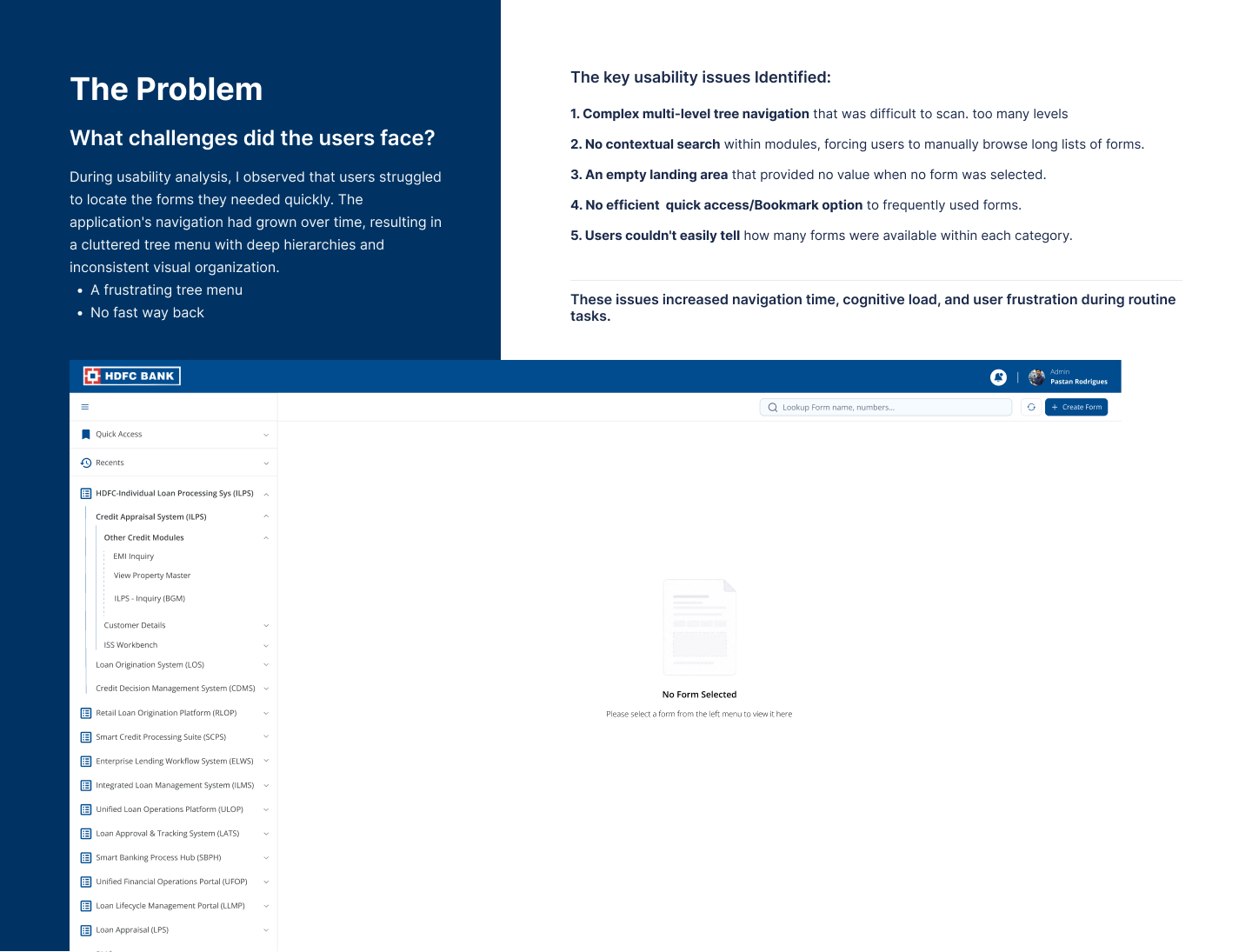 The Problem — usability challenges users faced with the legacy ILPS navigation