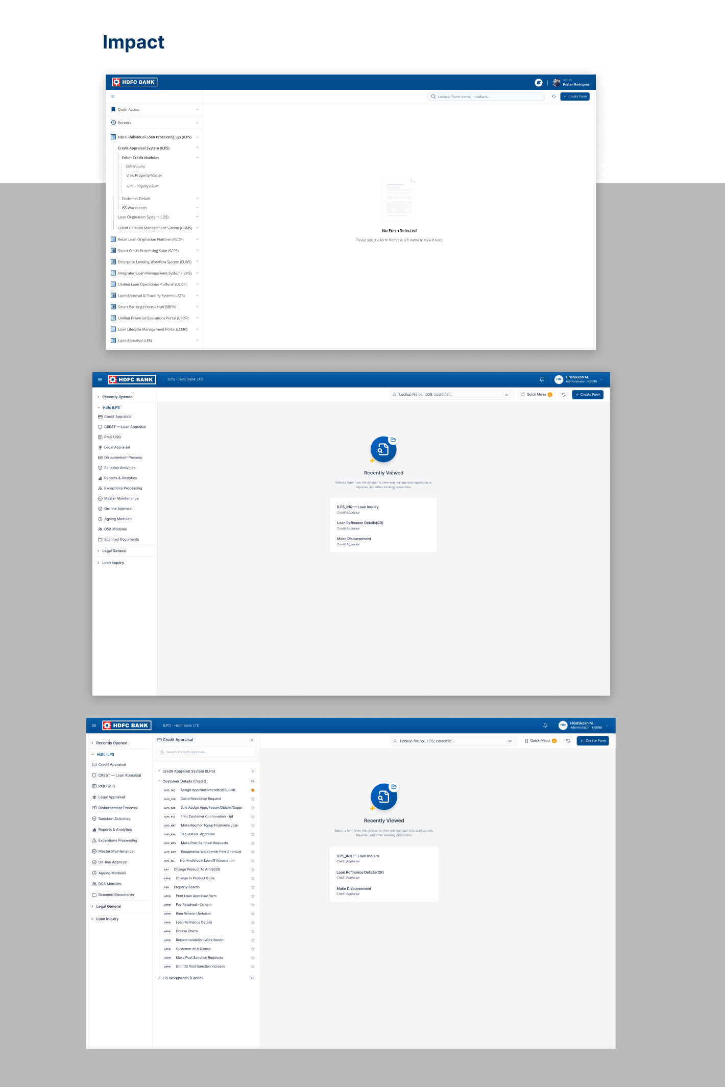 Impact — before and after screens of the ILPS navigation redesign